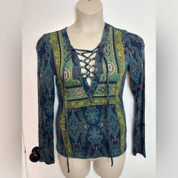 Free People Aloha Lace Up Long Sleeve Stretch Paisley Print Pattern Shirt #1588 - Picture 1 of 9